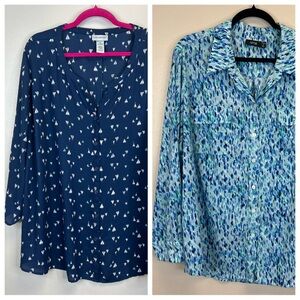 Bundle of 2 Plus Size Blue Blouses Womens 3X Sailboats Aqua Beach Office Casual